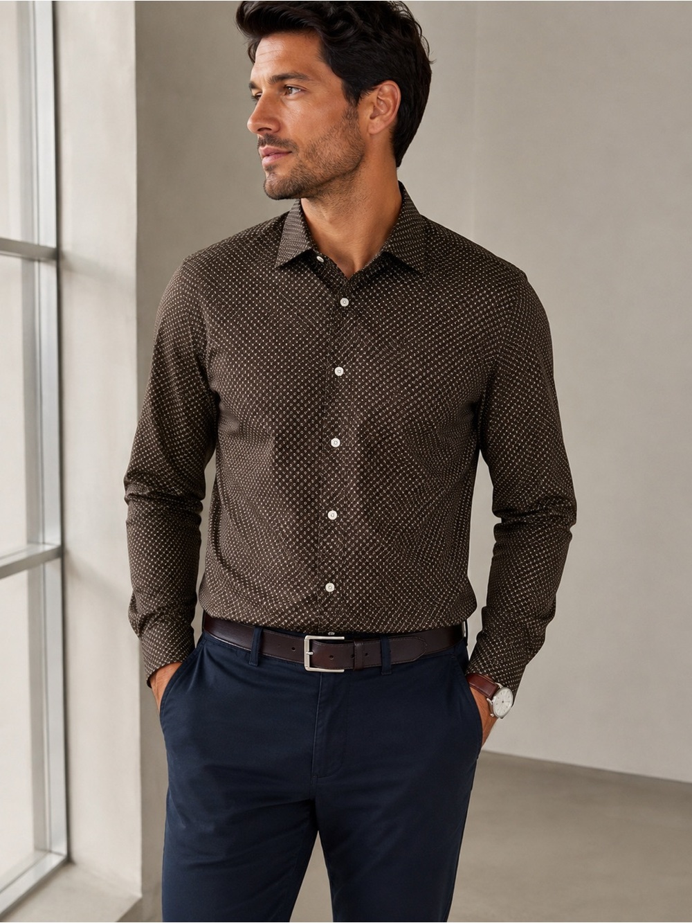 Banana Republic Men Slim Fit Brown Print Button Down Shirt M NWT